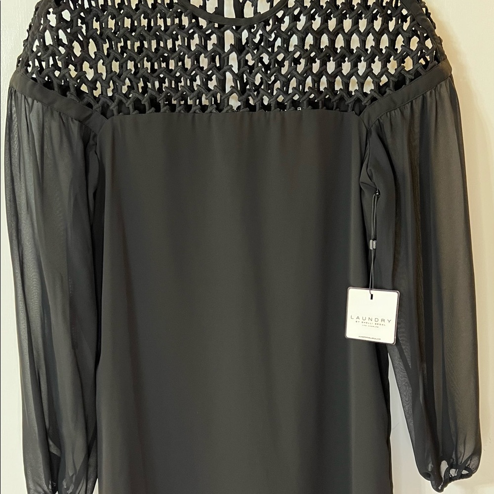 NWT Black dress with sheer sleeves and net detail on chest and shoulders